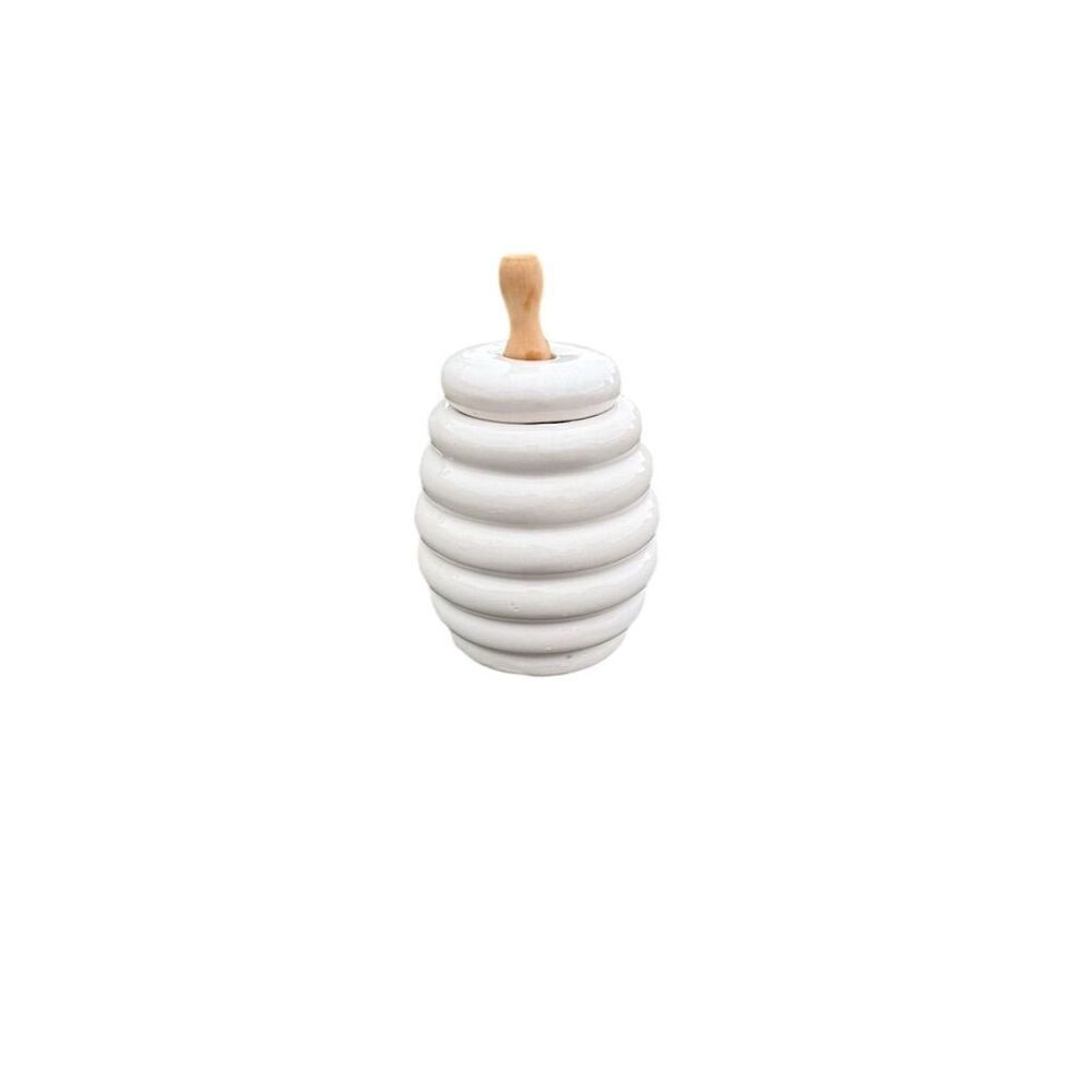 Porcelain Honey Pot Jar White Beech Wood Drizzler